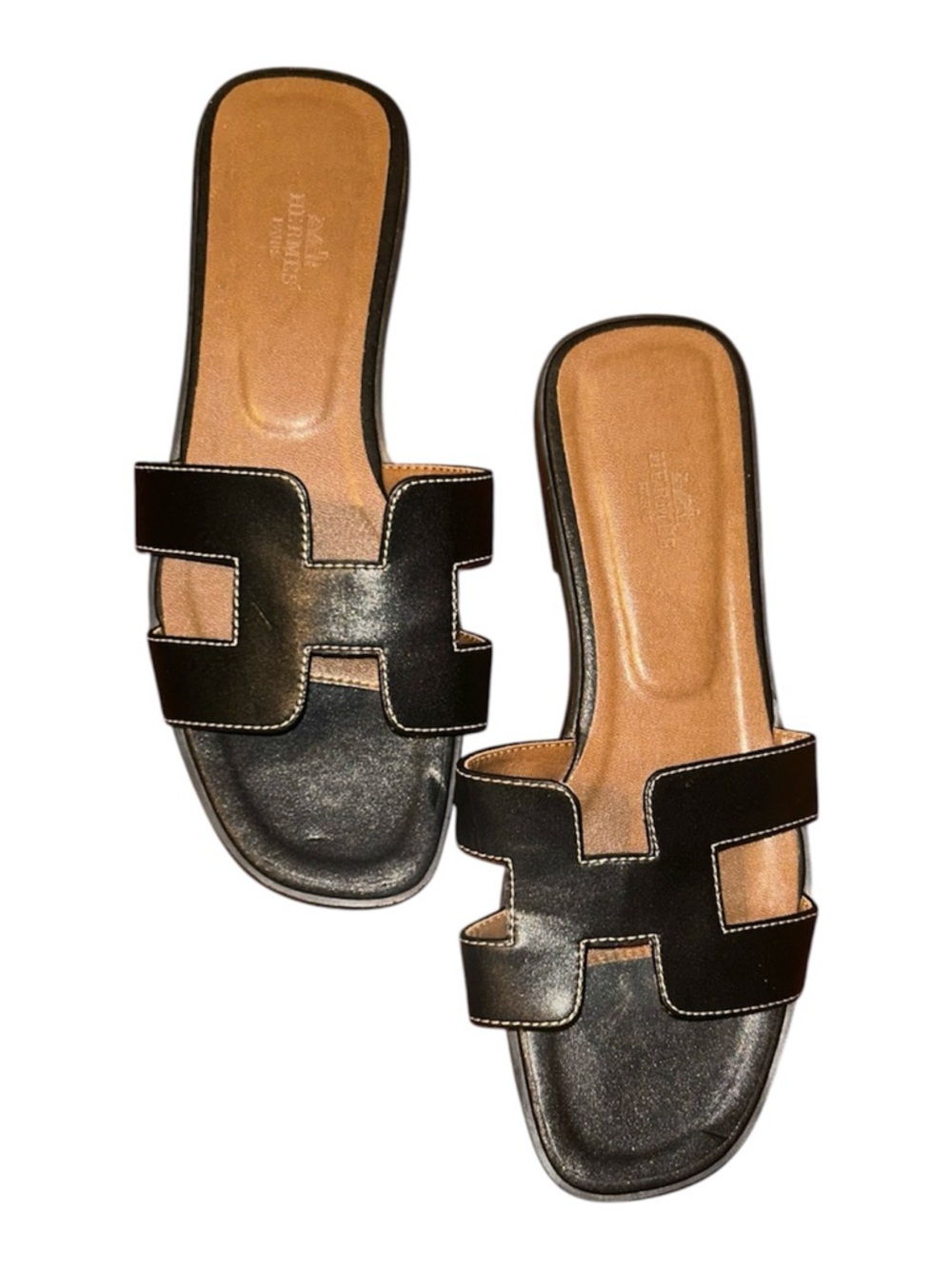 Hermes Oran Women's Slide US 8 Black Tan Calfskin Open Toe Casual Slip On Sandal - Picture 2 of 9